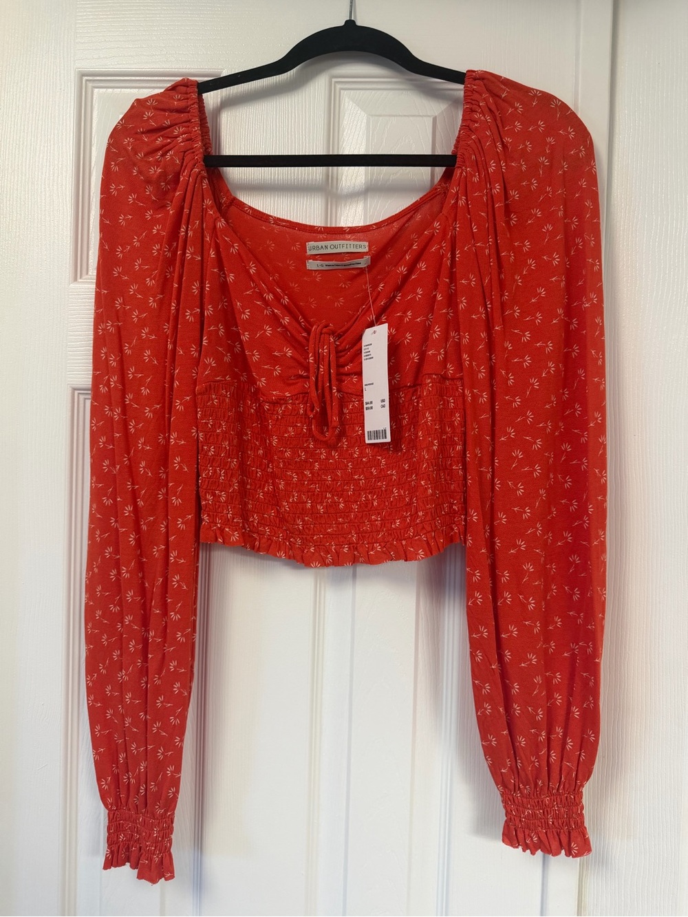 Urban Outfitters Red Floral Tie-Front Smocked Crop Top
